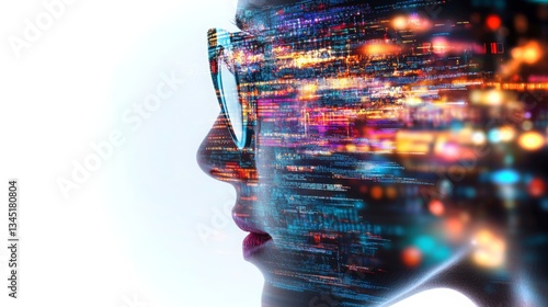 Exploration of digital landscapes through the perspective of a woman with futuristic glasses