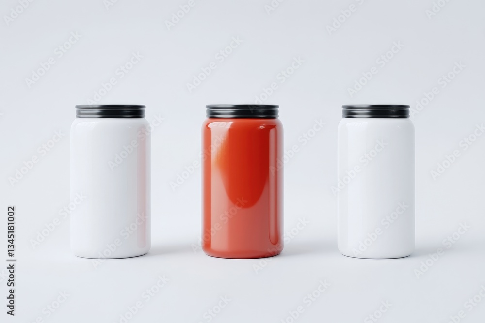 Three cylindrical containers, white and red, with black lids Three cylindrical containers, white and red, with black lids