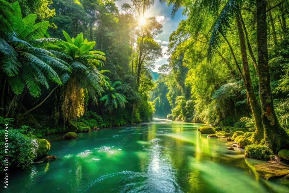 Fototapeta premium Sun-drenched rainforest river, vibrant green canopy reflected in sparkling waters. A nature photographer's dream.