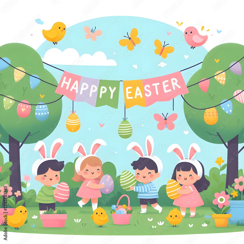 Obraz premium Easter Garden Illustration, Children Egg Hunt with Bunny Suits and Chicks, Kid-Friendly Easter Egg Hunt Clipart, bunny costumes, Pastel Garden Illustration with Children and Chicks. Generative ai
