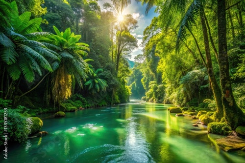 Sun-drenched rainforest river, vibrant green canopy reflected in sparkling waters. A nature photographer's dream.