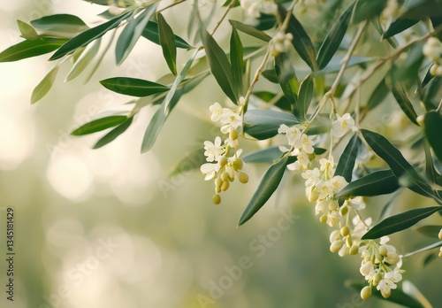 Delicate Green Leaves and White Flowers Creating a Serene Atmosphere in Nature during Soft Natural Light