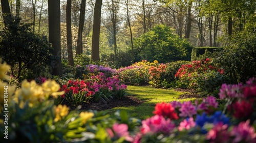 Wallpaper Mural Vibrant Flower Garden Landscape with Colorful Blooms Surrounded by Lush Greenery and Soft Morning Light Torontodigital.ca