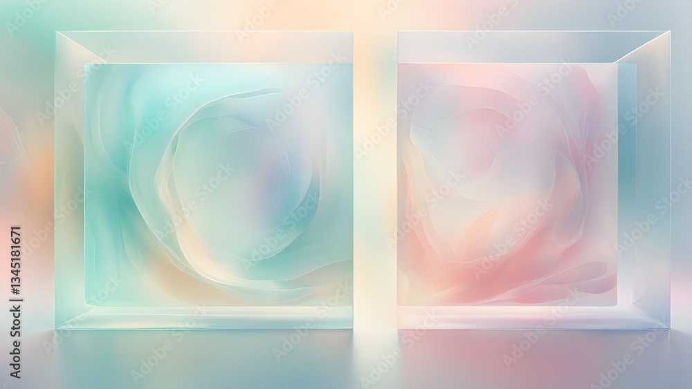 Two glass cubes display soft, pastel-colored swirls, creating a tranquil abstract scene.