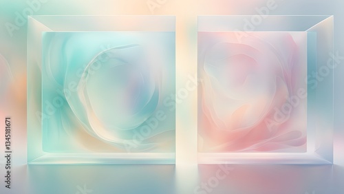 Obraz na płótnie Two glass cubes display soft, pastel-colored swirls, creating a tranquil abstract scene. w salonie