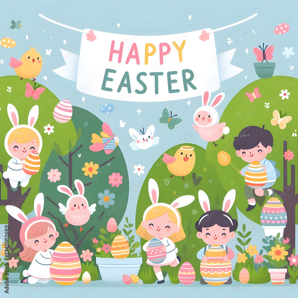 Fototapeta premium Easter Garden Illustration, Children Egg Hunt with Bunny Suits and Chicks, Kid-Friendly Easter Egg Hunt Clipart, bunny costumes, Pastel Garden Illustration with Children and Chicks. Generative ai