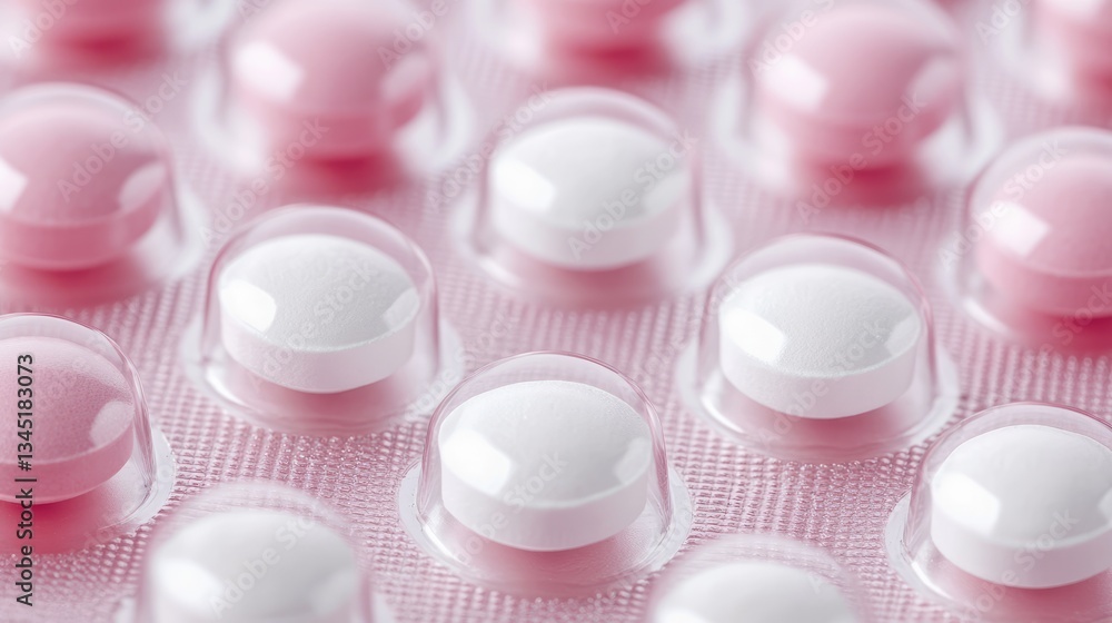 Close-up view of pink and white pills in a blister pack, showcasing detailed texture and arrangement, ideal for health-related content Close-up view of pink and white pills in a blister pack, showcasing detailed texture and arrangement, ideal for health-related content