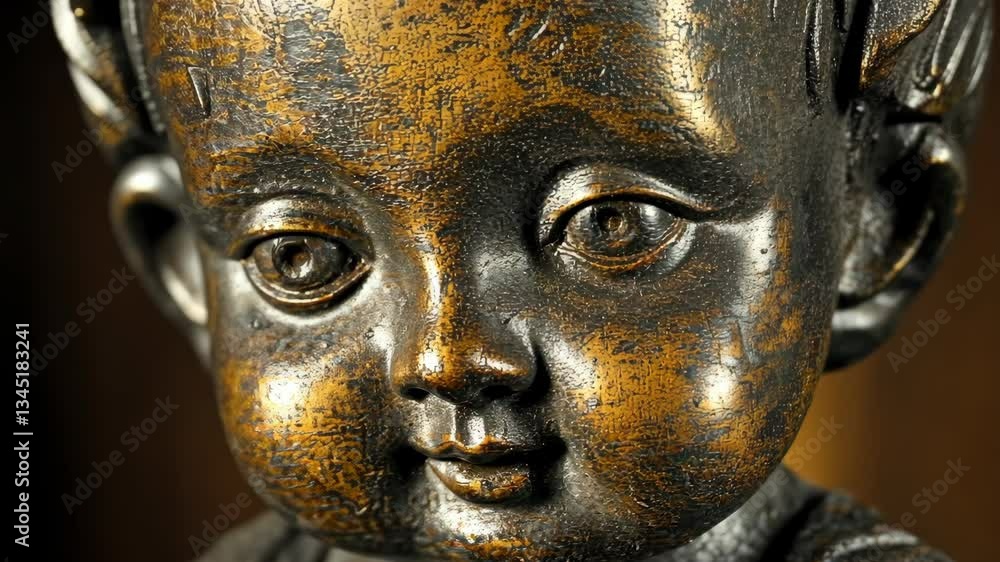 Bronze sculpture of a child's face with intricate details and a warm patina, showcasing artistic craftsmanship and expression Bronze sculpture of a child's face with intricate details and a warm patina, showcasing artistic craftsmanship and expression