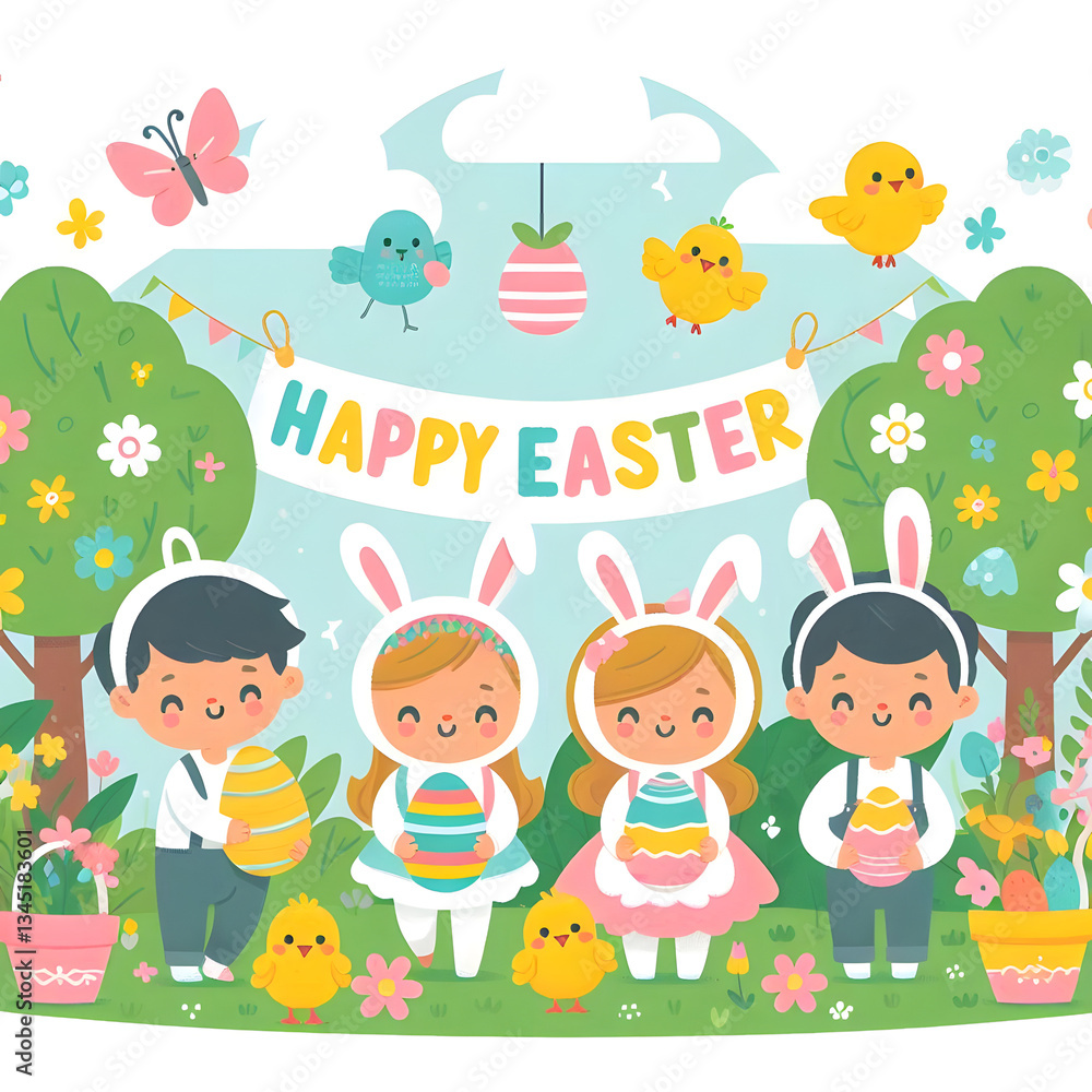 Easter Garden Illustration, Children Egg Hunt with Bunny Suits and Chicks, Kid-Friendly Easter Egg Hunt Clipart, bunny costumes, Pastel Garden Illustration with Children and Chicks. Generative ai Easter Garden Illustration, Children Egg Hunt with Bunny Suits and Chicks, Kid-Friendly Easter Egg Hunt Clipart, bunny costumes, Pastel Garden Illustration with Children and Chicks. Generative ai