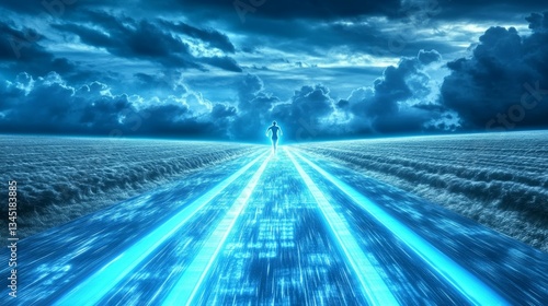A glowing track with a person running towards a distant finish line