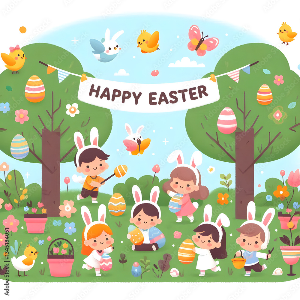 Naklejka premium Easter Garden Illustration, Children Egg Hunt with Bunny Suits and Chicks, Kid-Friendly Easter Egg Hunt Clipart, bunny costumes, Pastel Garden Illustration with Children and Chicks. Generative ai