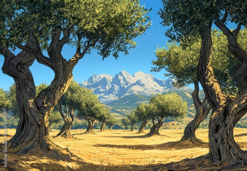 Expansive Olive Grove with Majestic Mountains Under Bright Blue Sky in a Serene Landscape Perfect for Nature and Farming Themes Expansive Olive Grove with Majestic Mountains Under Bright Blue Sky in a Serene Landscape Perfect for Nature and Farming Themes