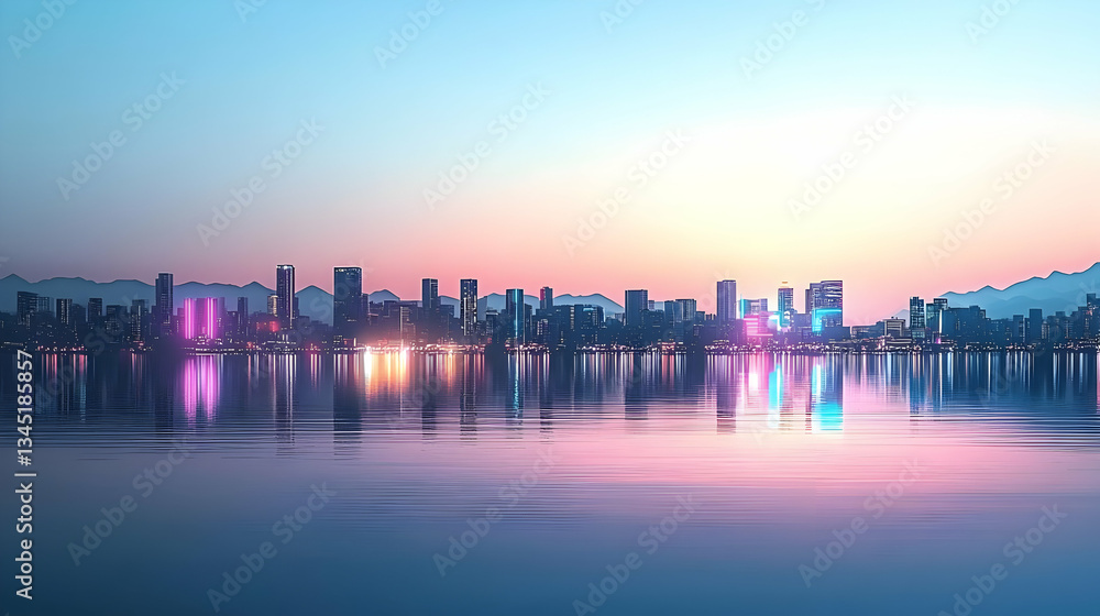 Fototapeta premium City Skyline Reflection On Calm Water At Sunset With Illuminated Buildings Against Gradient Sky