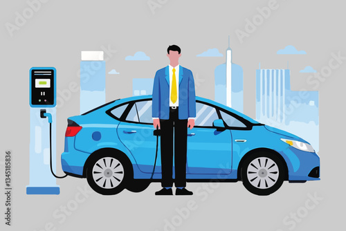 Man filling up the fuel hydrogen Electric car, EV car concept, man charging battery at electric charging station. Sustainable green and clean energy for ecology environment. Futuristic transportation 