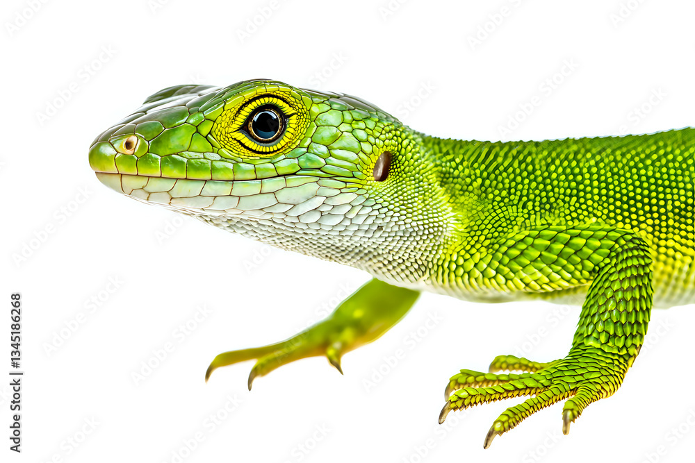 Obraz premium Vibrant green lizard displaying detailed scales on a white backdrop