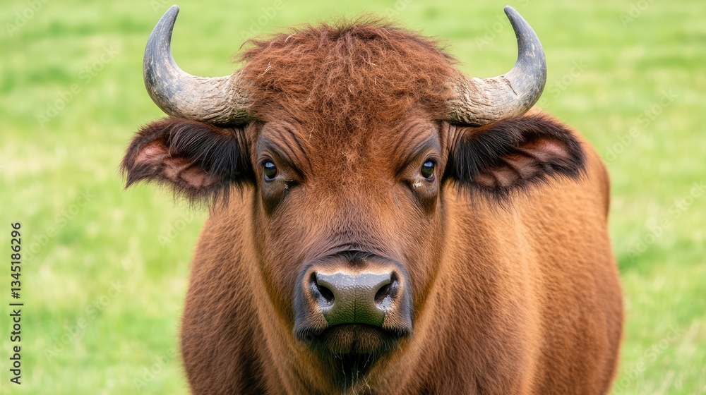 Close-up of a brown cow standing in a lush green field, showcasing its expressive face and natural surroundings Close-up of a brown cow standing in a lush green field, showcasing its expressive face and natural surroundings