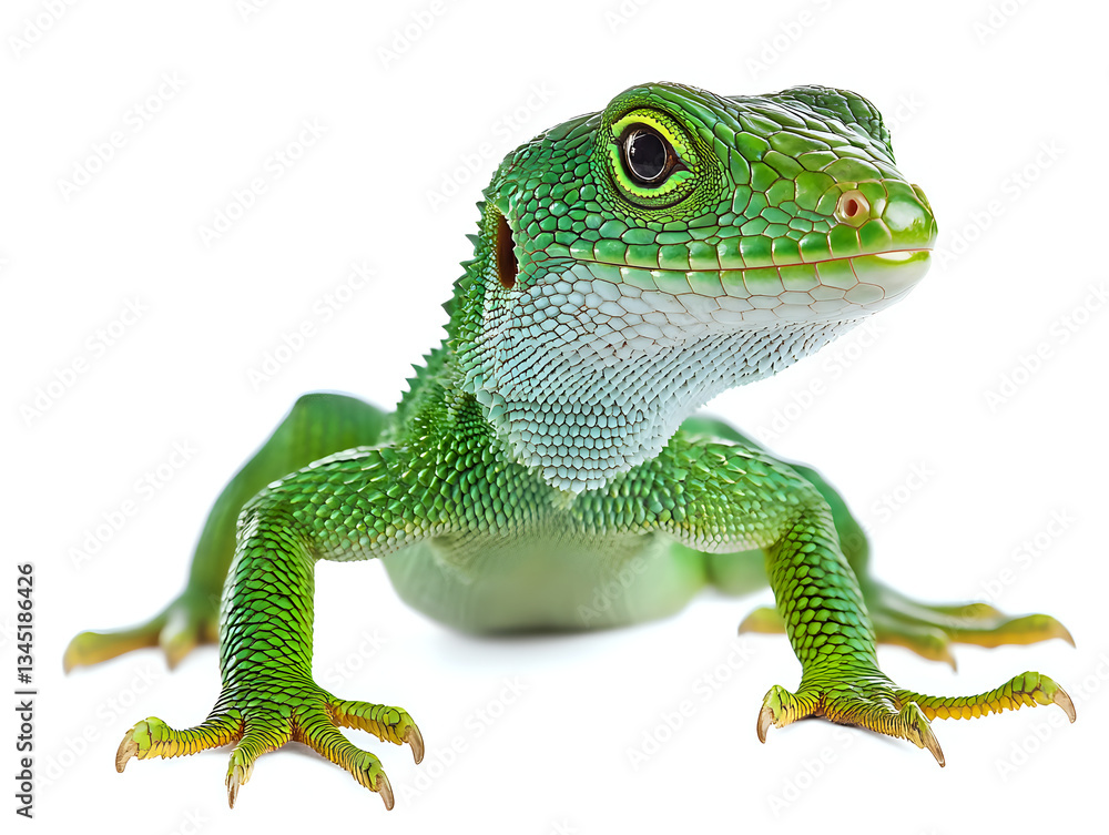 Naklejka premium Striking green lizard showcasing emerald tones with sharp claws displayed