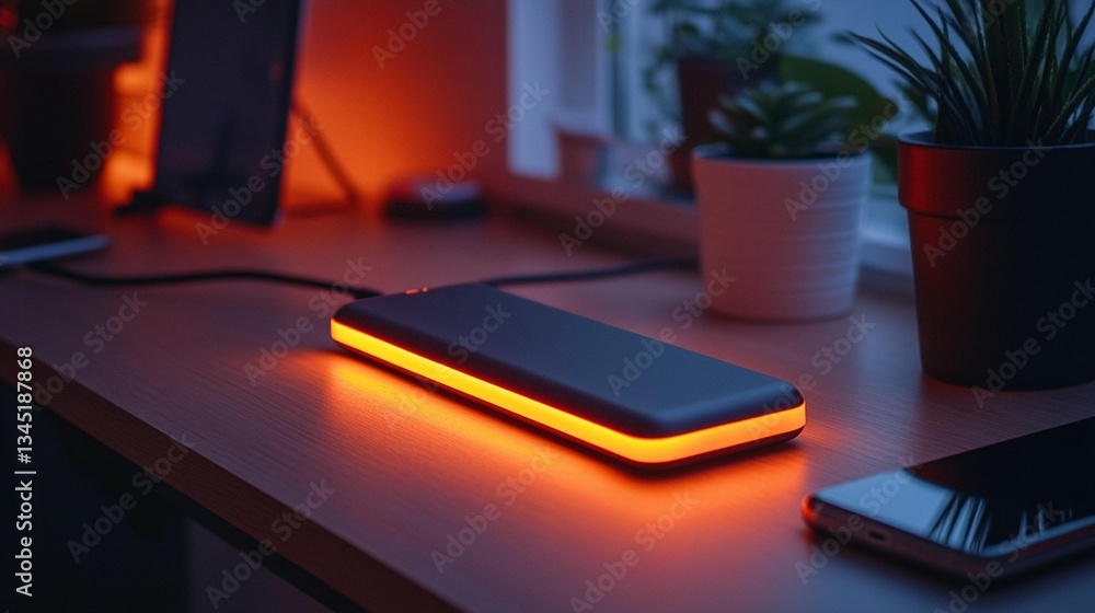 Illuminated portable charger on wooden desk with phones and plants. Illuminated portable charger on wooden desk with phones and plants.
