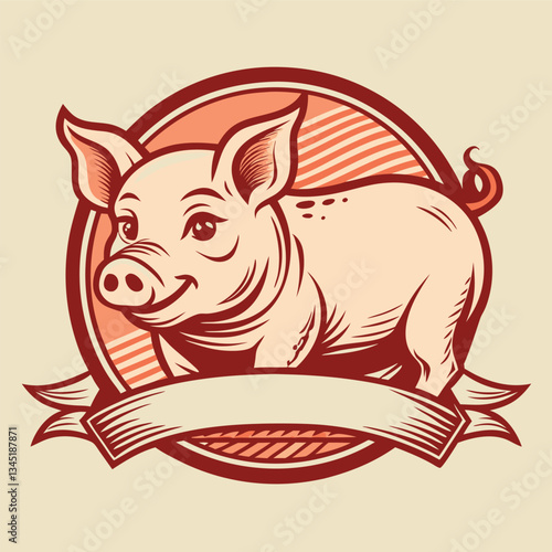 Vintage Hand Drawn Pig Pork Badge Logo Vector Illustration for Design