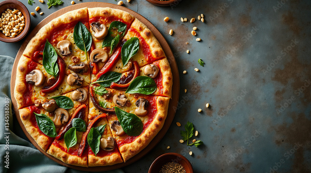 Vegetarian Pizza Flat Lay with Mushrooms, Bell Peppers, and Spinach on Eclectic Tablecloth, Earthy Tones, Copy Space for Recipe Card Vegetarian Pizza Flat Lay with Mushrooms, Bell Peppers, and Spinach on Eclectic Tablecloth, Earthy Tones, Copy Space for Recipe Card