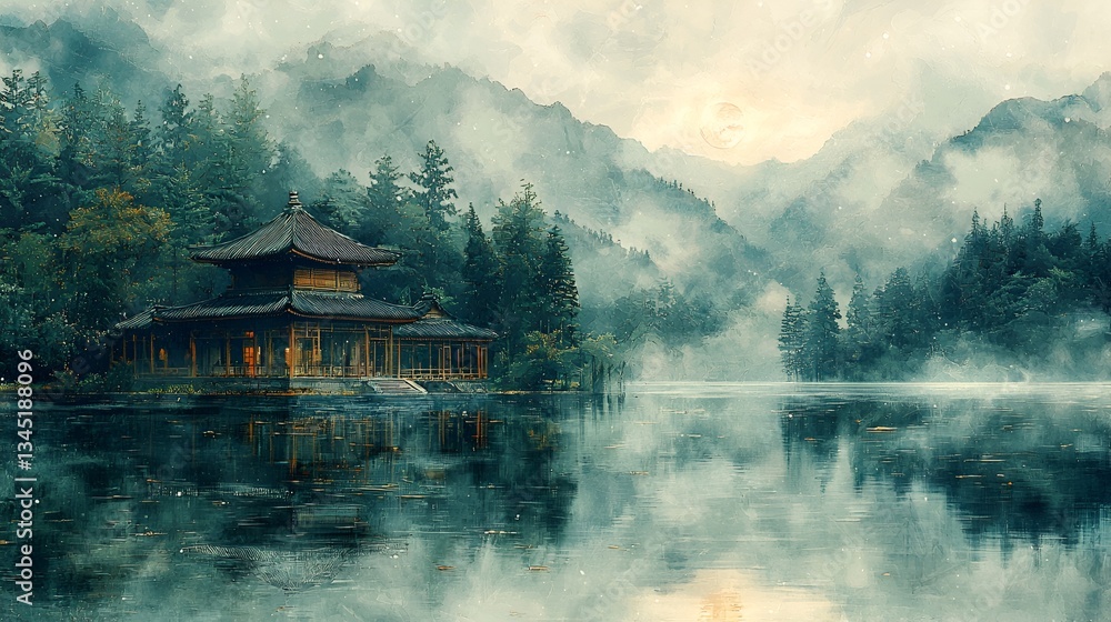 Fototapeta premium Misty Mountain Lake Temple
