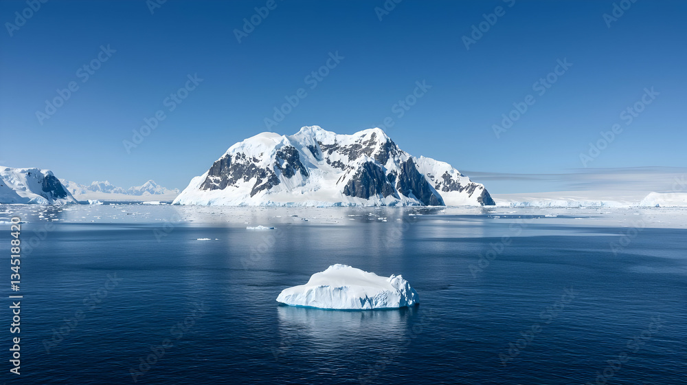 Blue Ocean And Icebergs With Snow Capped Mountains Under A Clear Sky Blue Ocean And Icebergs With Snow Capped Mountains Under A Clear Sky