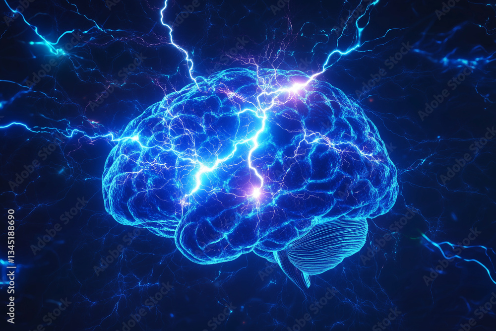 Obraz premium Human brain digital illustration. Electrical activity, flashes and lightning on a blue background. Digital Illustration of the Human Brain. 