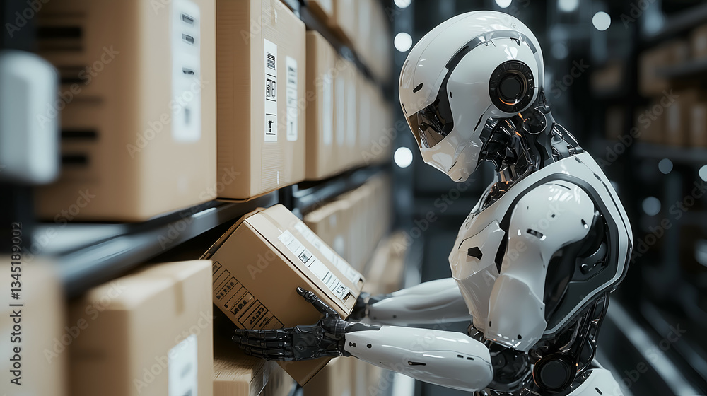 Fototapeta premium AI-Driven Robots Revolutionizing Warehouse Efficiency: Automation, Modern Logistics, and Smart Technology in Action