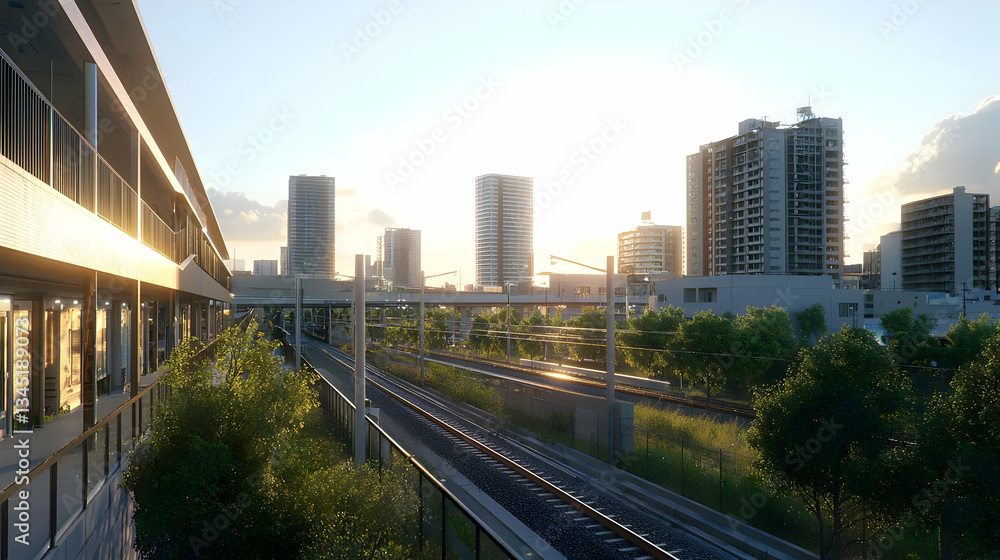 Modern Cityscape Sunset View With Train Tracks Modern Cityscape Sunset View With Train Tracks
