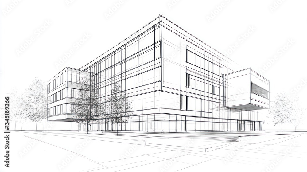 Architectural sketch of modern office building Architectural sketch of modern office building