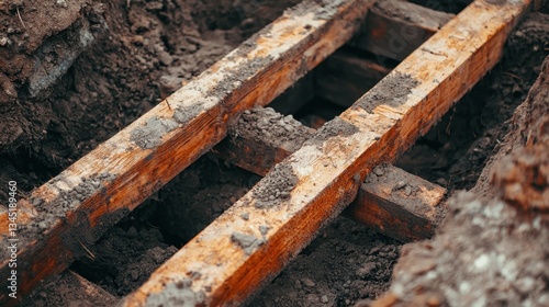 A close-up view of wooden beams partially buried in dirt, suggesting construction or excavation work in progress. photo