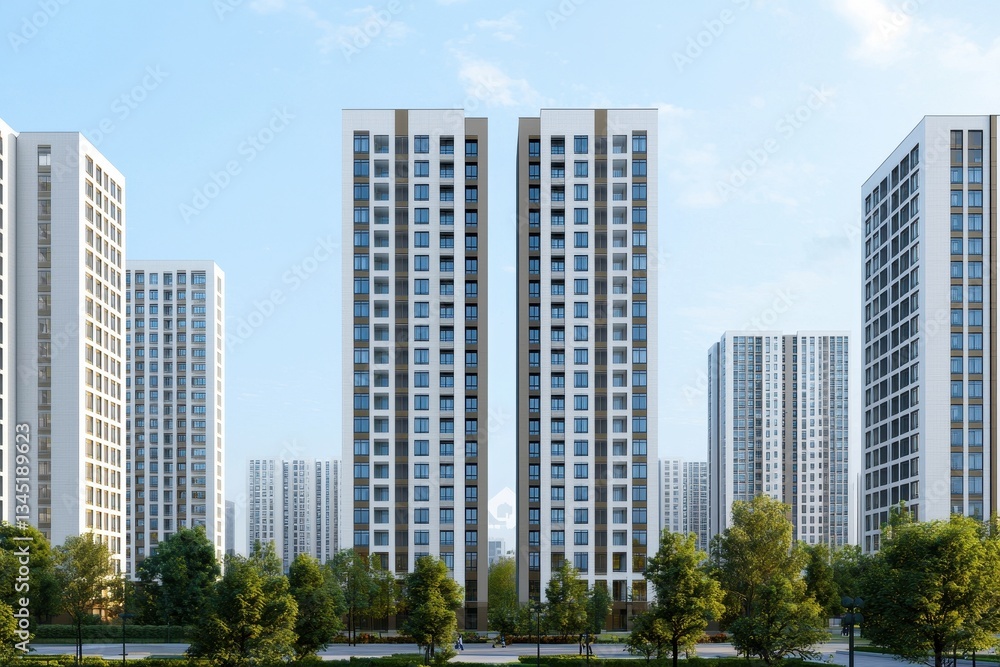A modern urban landscape featuring tall residential buildings surrounded by greenery and open space under a clear blue sky. A modern urban landscape featuring tall residential buildings surrounded by greenery and open space under a clear blue sky.