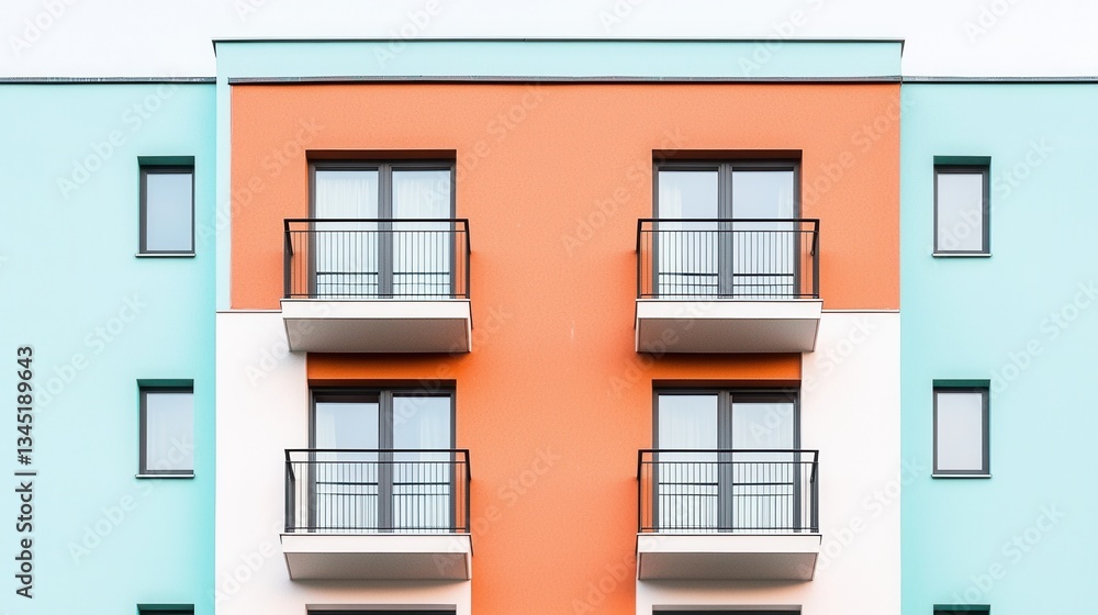 Obraz premium Modern building facade featuring colorful sections and balconies, highlighting contemporary architectural design.