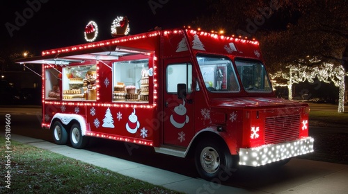 A Festive Christmas Bakery Truck at Night