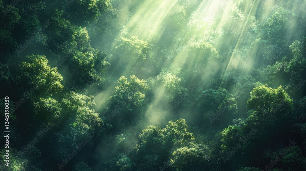 Fototapeta premium Sunlight Streaming Through Lush Green Canopy in Serene Forest Landscape