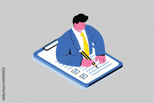Completing Checklist: Man with Pencil, Task Management and Productivity Concept. 