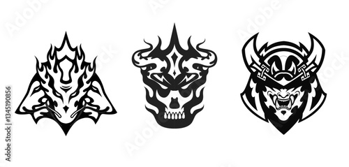 Black and white dragon, skull, and samurai esport and sport logo design. Logo template vector illustration