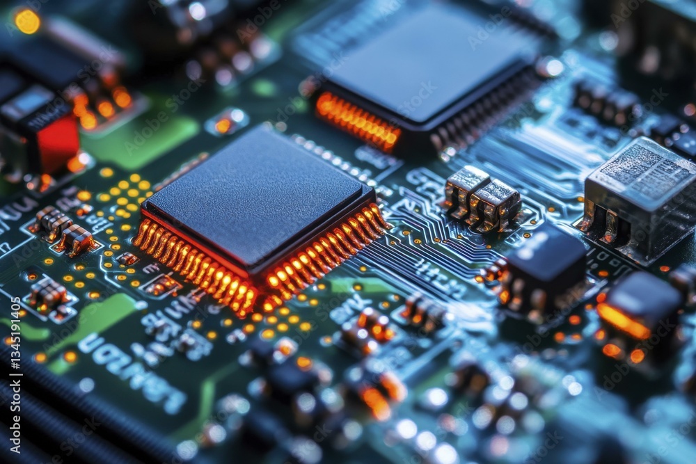 Illuminated Integrated Circuit Board with Microchips, Resistors, and Electronic Components Illuminated Integrated Circuit Board with Microchips, Resistors, and Electronic Components