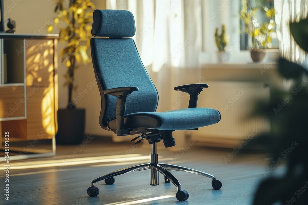 Ergonomic blue office chair with adjustable headrest and lumbar support in a well-lit modern workspace Ergonomic blue office chair with adjustable headrest and lumbar support in a well-lit modern workspace