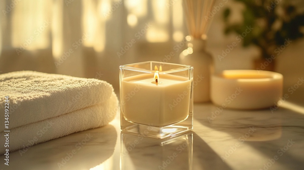 Lit candle, towels, and other spa items on marble surface in sunlight. Lit candle, towels, and other spa items on marble surface in sunlight.