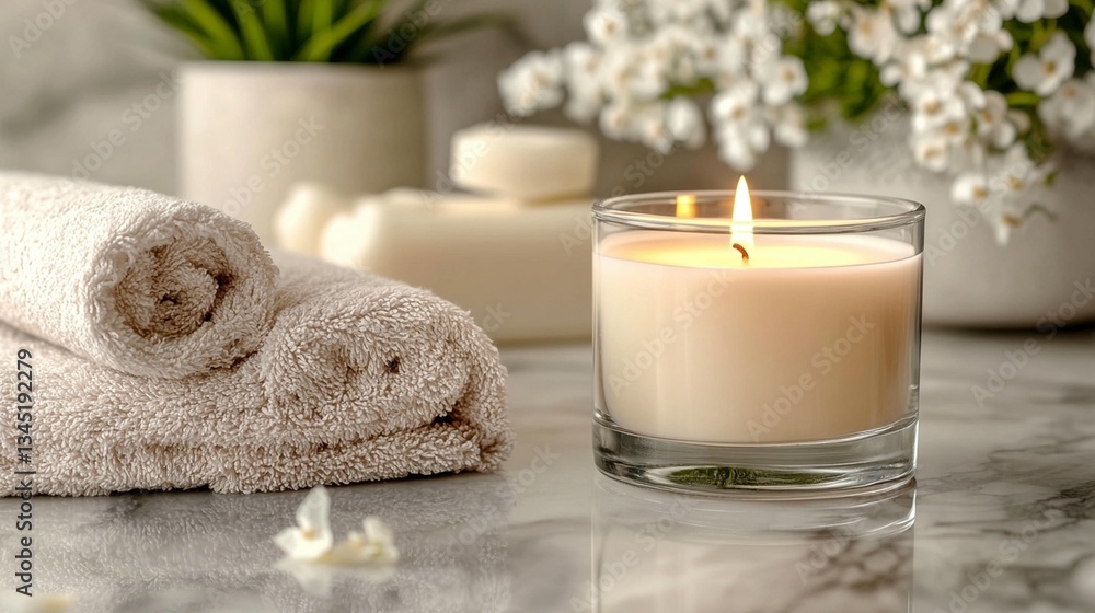 Lit candle, rolled towels, soap, and flowers on marble surface. Lit candle, rolled towels, soap, and flowers on marble surface.