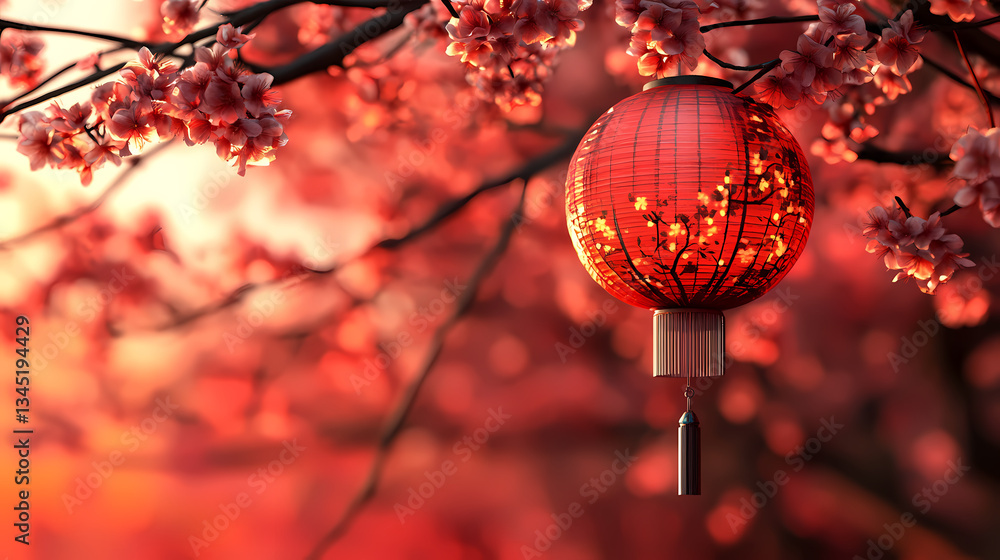 Obraz premium Lanterns Amidst Blossoms: A vibrant red lantern illuminated by gentle light, hangs against a backdrop of cherry blossoms. Captured in a picturesque setting.
