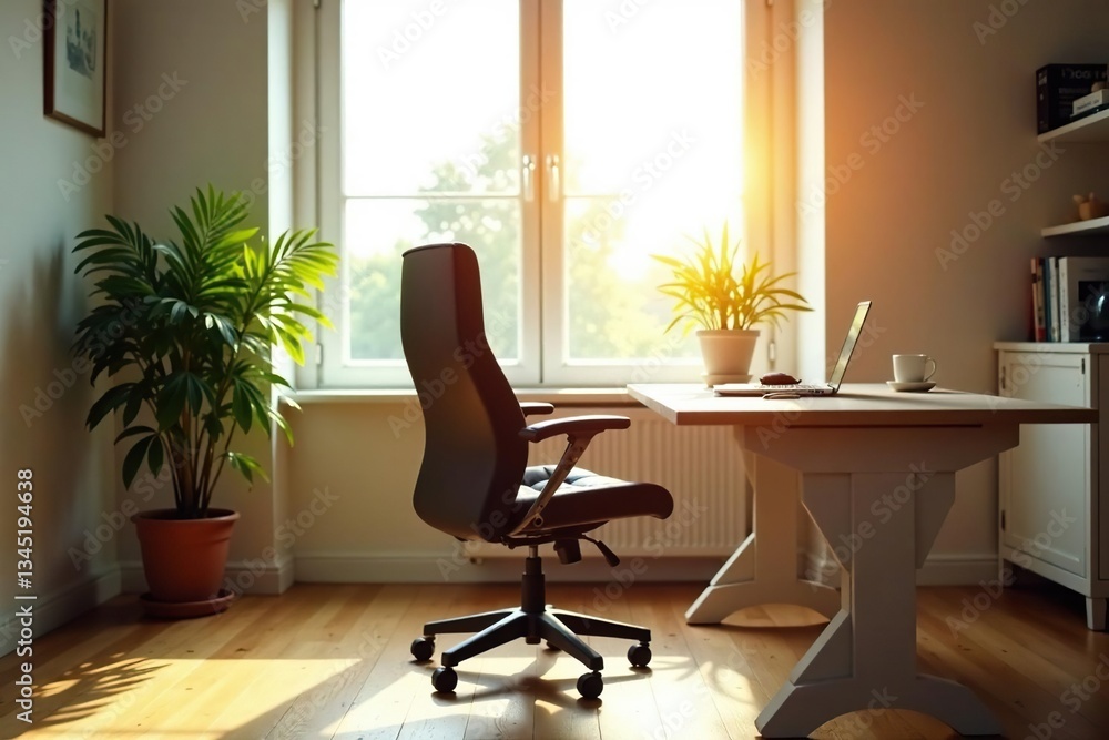 Fototapeta premium Empty chair at desk facing window, sunlit room , contemplation, room