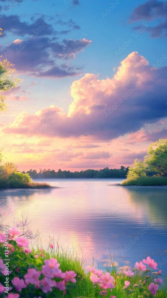 Obraz premium Serene sunset over a tranquil lake with vibrant flowers and lush greenery, perfect as phone background wallpaper