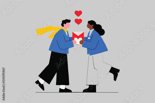 Love Letter Exchange: Couple with Hearts, Romantic Gift and Affection, Relationship Concept. 