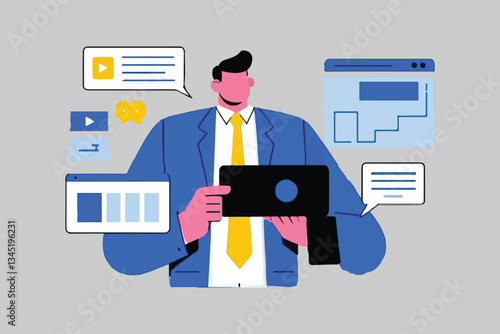 Digital Marketing: Man with Tablet, Online Promotion and Social Media Engagement Concept. 