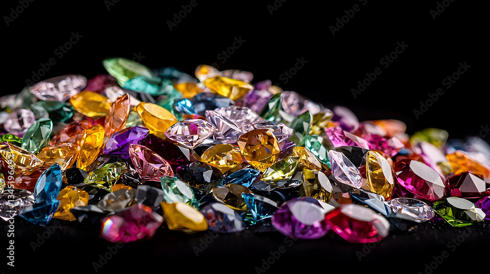 Fototapeta premium Collection of Colorful Gems on Black Surface Displaying Variety of Shapes and Facets with High Detail