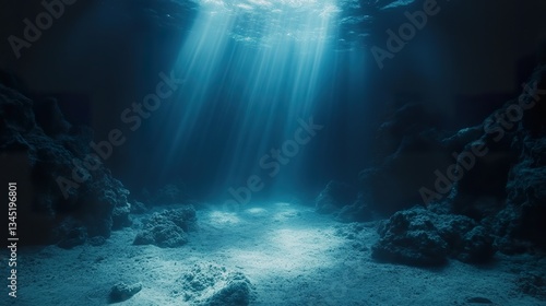 Sunlight streams illuminating the underwater seascape of the ocean floor