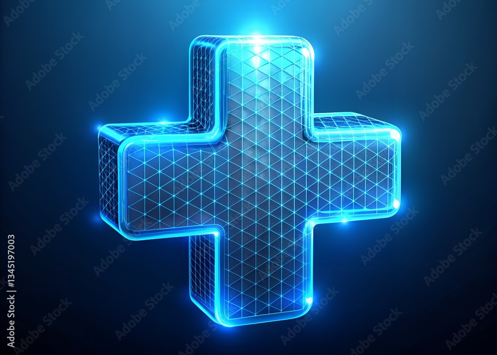 Obraz premium Digital Healthcare Symbol: A glowing blue digital cross, rendered in a futuristic, geometric style, representing modern healthcare and medical innovation.