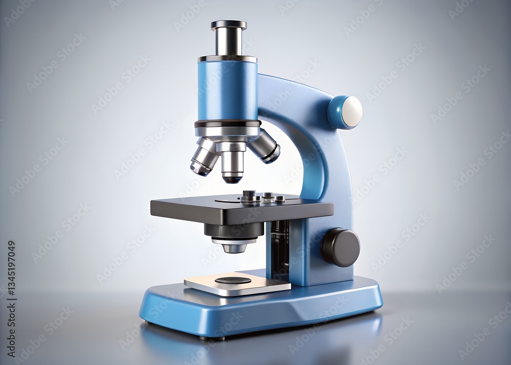 Microscope Precision: A detailed studio shot of a modern microscope, a symbol of scientific exploration and discovery, its blue metallic finish gleaming under the perfect lighting.